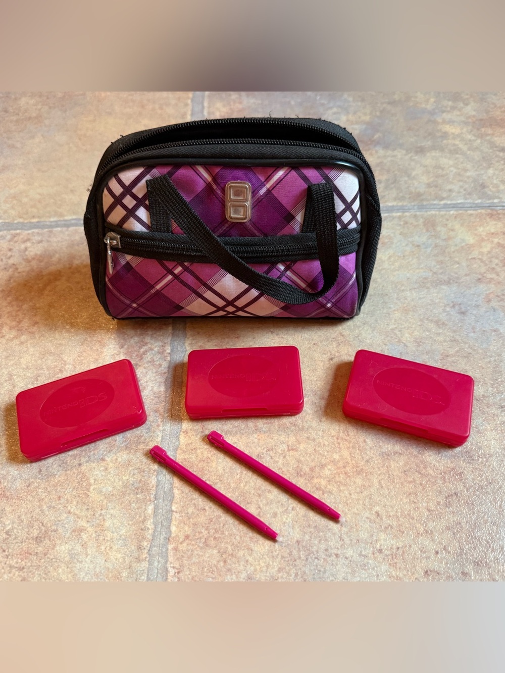 Nintendo Purple Plaid Zip Carry Case with Pink Game Card Cases & Styluses